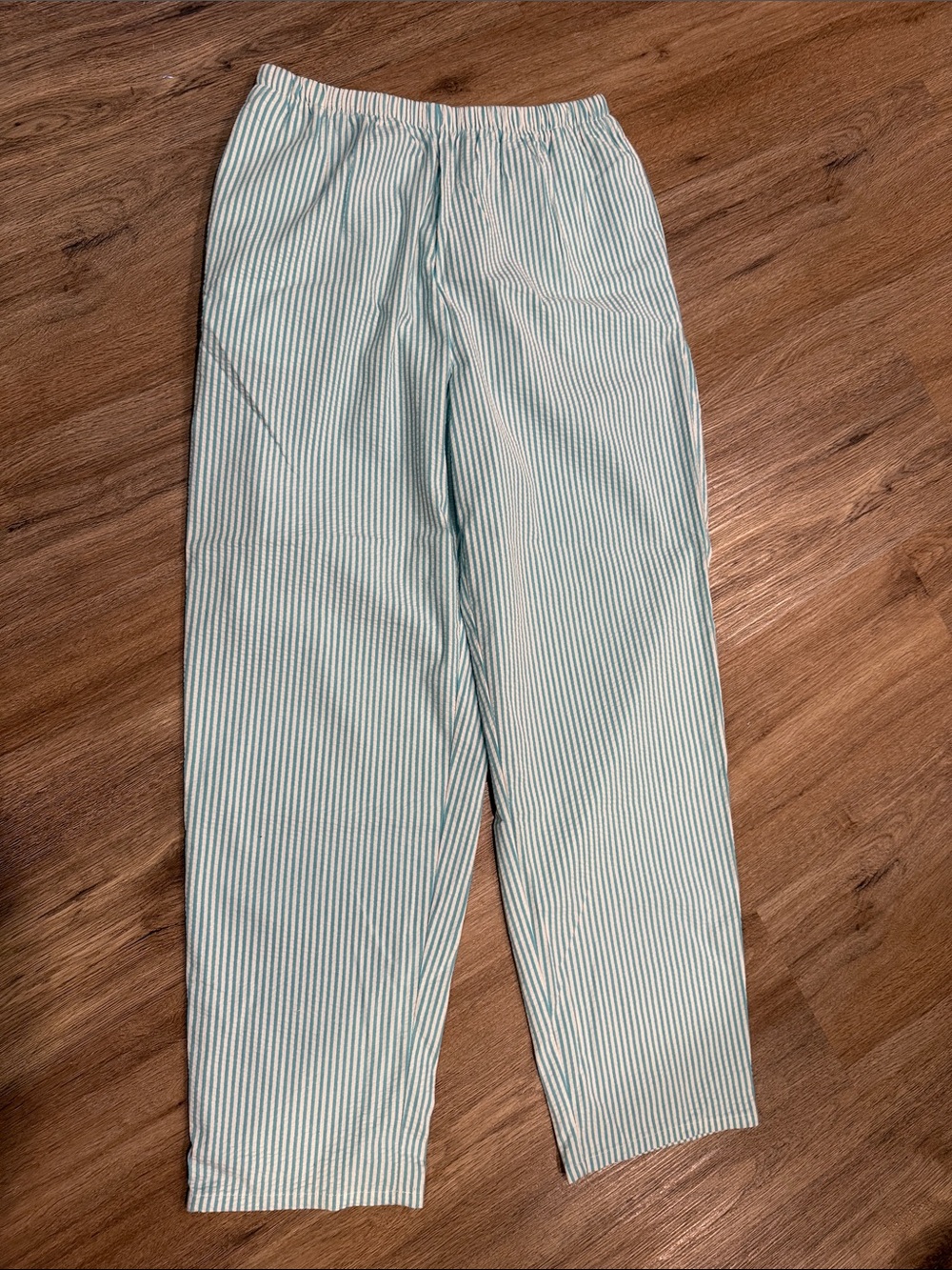 NWOT Denim&Co Cotton Blend Light Teal Blue and White Striped Seersucker Pants